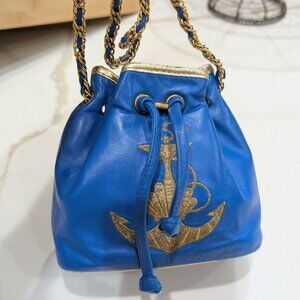 Vtg L.J. Simone New York Blue Leather Mini Drawstring Bucket Bag Crossbody Bag